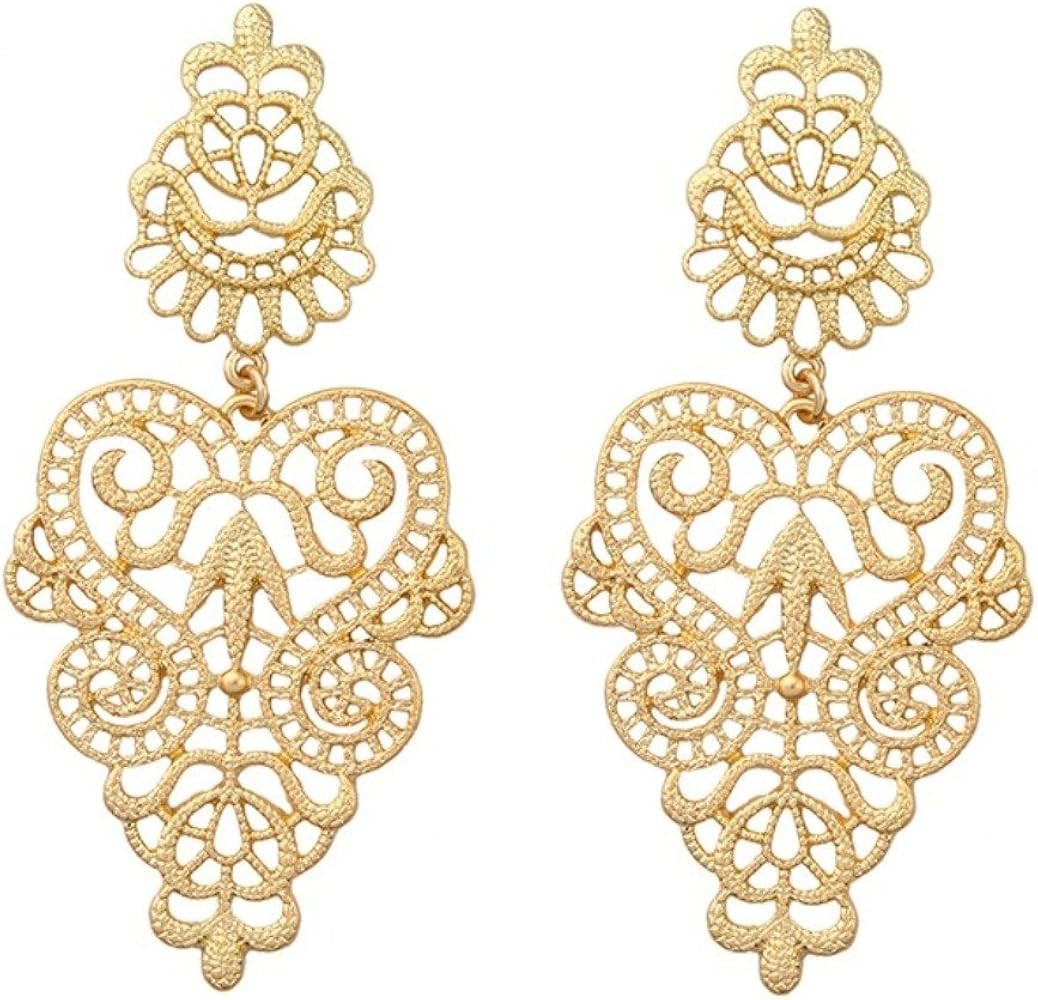 Women's Bohemian Filigree Chandelier Hollow Lace Pattern Statement Wedding Dangle Earrings in Gol... | Amazon (US)