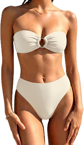 SUUKSESS Women Bandeau O Ring Bikini Sets Tie Back High Waisted 2 Piece Swimsuit | Amazon (US)