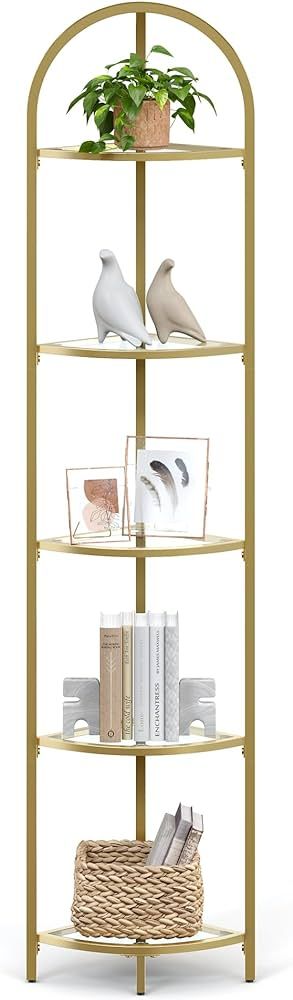 VASAGLE 5-Tier Corner Shelf Stand, Corner Bookshelf, Bathroom Organizer, Plant Stand, Tempered Gl... | Amazon (US)