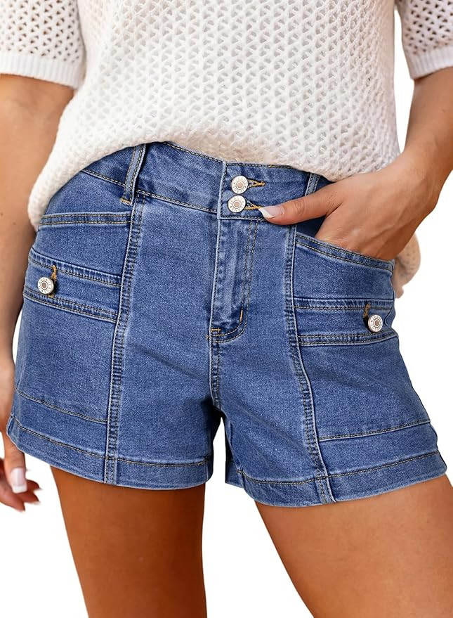 Astylish Women's High Waisted Shorts Jean Stretchy Casual Fashion Trendy Double Button Fly Denim ... | Amazon (US)
