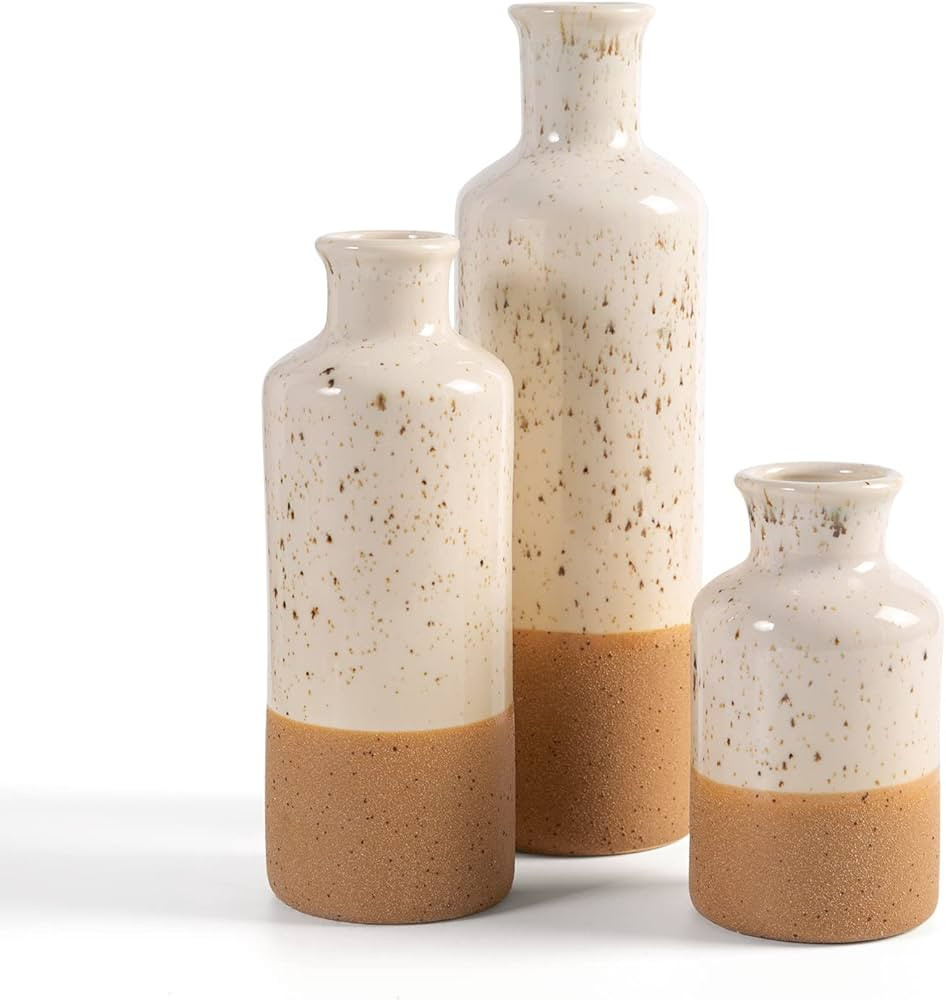 CUCUMI Ceramic Vase Set 3pcs Boho Table Decor, White and Brown Duotone, Boho Living Room Decor, S... | Amazon (US)
