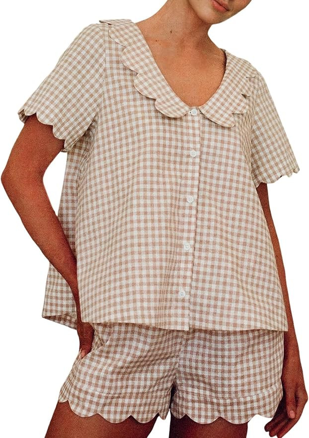 Womens Gingham Pajama Set Cotton 2 Piece Scalloped Edge Plaid Shirt Top Shorts Sleepwear Lounge S... | Amazon (US)