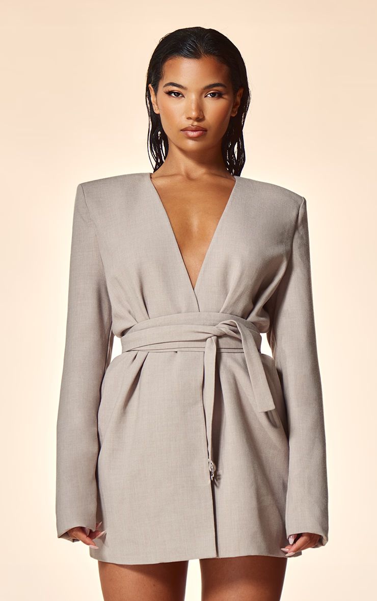 PLT Label Light Grey Strap Detail Cross Over Oversized Blazer Dress | PrettyLittleThing US