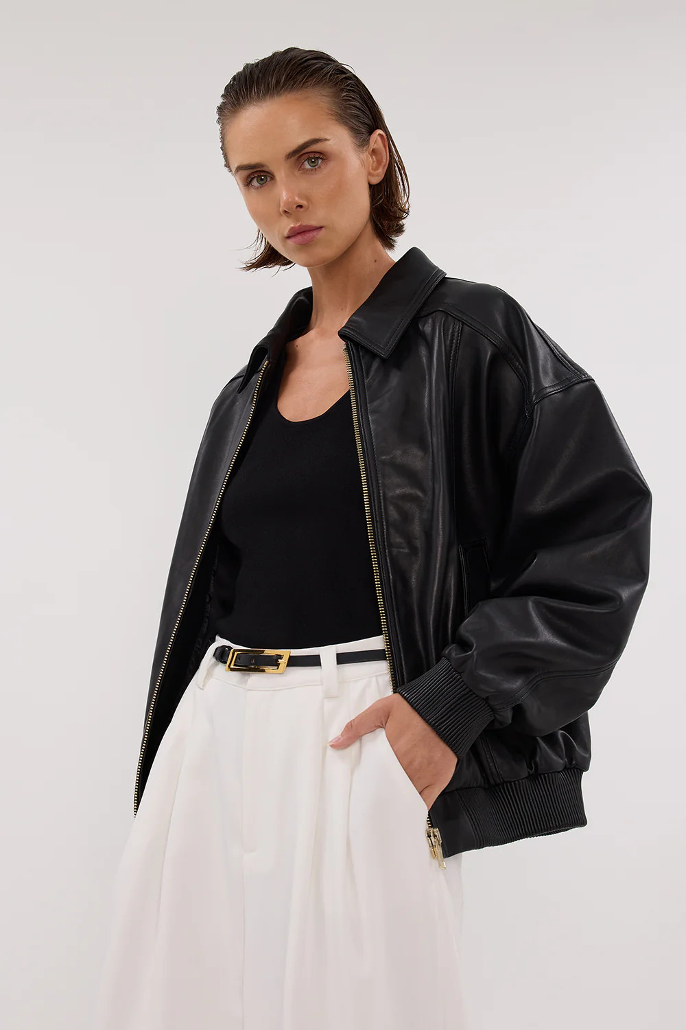 HUTTON BLACK LEATHER BOMBER JACKET | DISSH