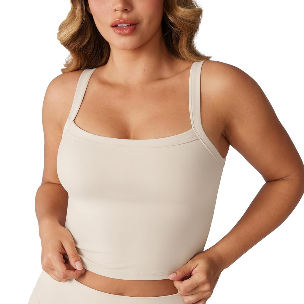 Hugcurve Adjustable Longline Sports Bra Square Neck Workout Tank Crop Tops for Women with Built i... | Amazon (US)