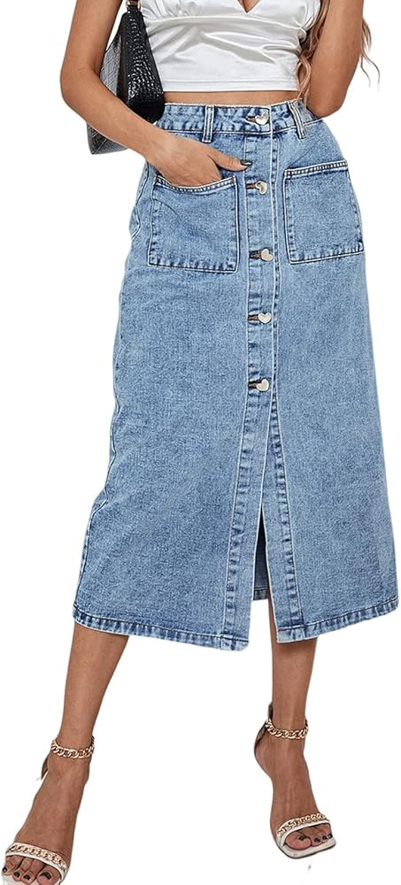 Long Denim Skirts for Women Maxi Paperbag High Waist Frayed Raw Hem A line Flare Jean Skirt with ... | Amazon (US)