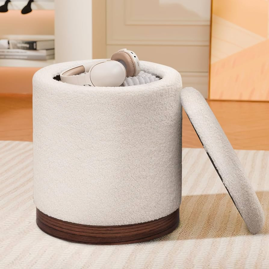 Joveco Round Storage Ottoman with Removable Lid, Boucle Small Upholstered Padded Vanity Foot Rest... | Amazon (US)