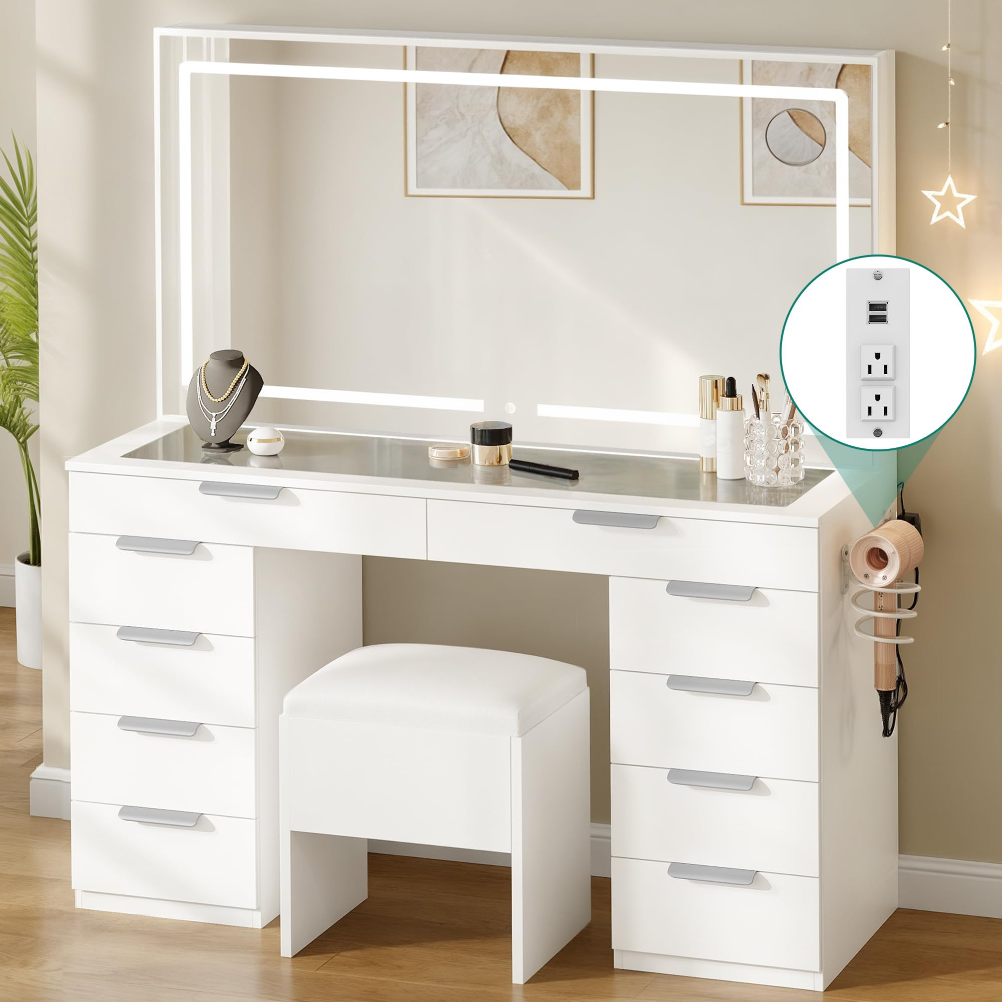 YITAHOME Makeup Vanity with Light Strip & Extra-Large Mirror, 10-Drawer Vanity Table Set with Pow... | Amazon (US)