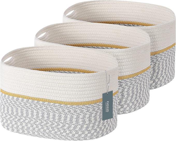 3-Pack Woven Cotton Rope Storage Basket, Foldable Decorative Storage Boxes with Handles, 15x10x9 ... | Amazon (US)