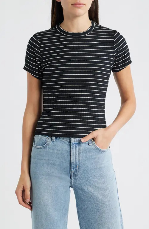 rag & bone Luca Stripe Rib Baby T-Shirt in Black/Ivory at Nordstrom, Size Medium | Nordstrom