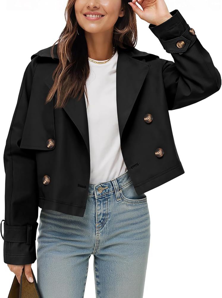 Tankaneo Womens Cropped Trench Coat Lapel Double Breasted Short Jacket Outwear | Amazon (US)