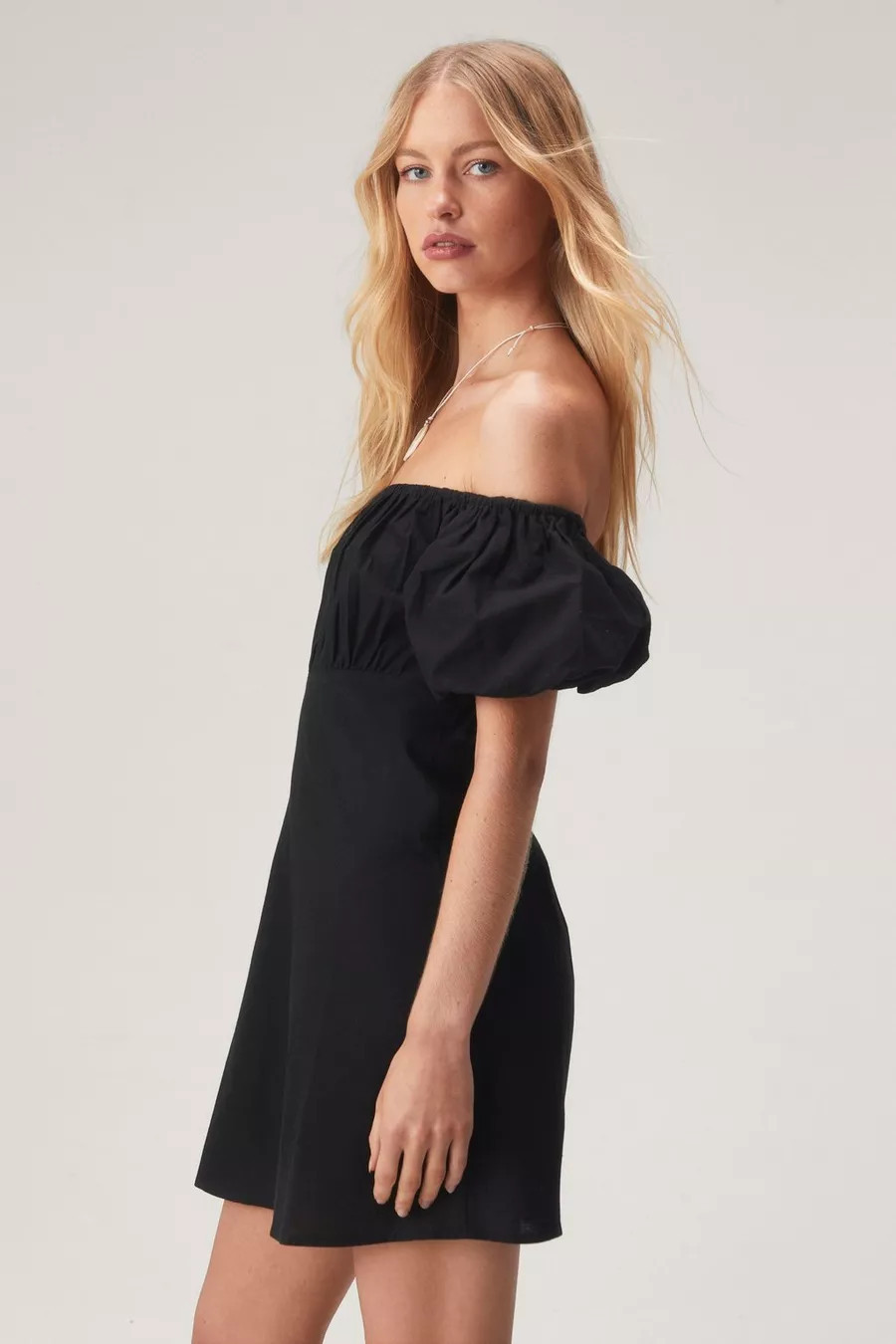 Linen Mix Bardot Puff Sleeve Mini Dress | Nasty Gal US