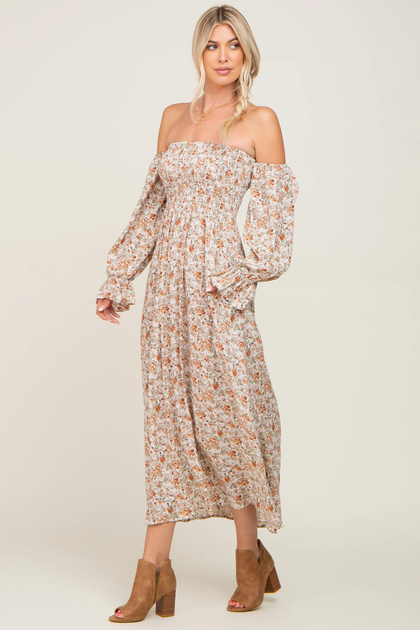 Taupe Floral Off Shoulder Long Sleeve Maxi Dress | PinkBlush Maternity