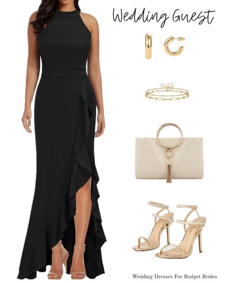 Chic long black wedding guest dress and accessories. 

#fulllengthgowns #blackdresses #dressyoutfit #fallweddingguestdresses #eventdresses 

#LTKStyleTip #LTKParties #LTKWedding
