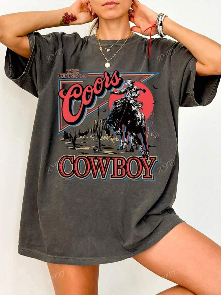 Vintage Western Cowboy Print Oversized Loose Fit Round Neck Short Sleeve T-Shirt For Women | SHEIN