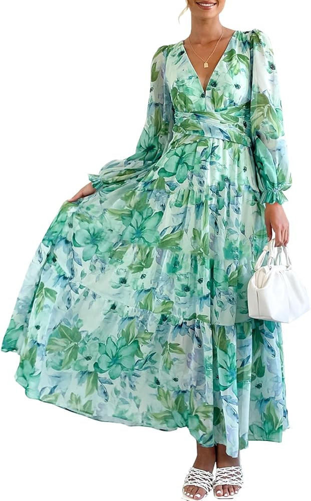 Sissyaki Women's 2024 Long Sleeve Boho Floral Maxi Dress V Neck Casual Long Dress | Amazon (US)