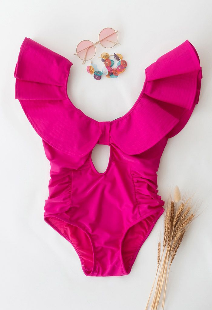 Plunging V-Neck Ruffle One-Piece Swimsuit in Magenta | Chicwish