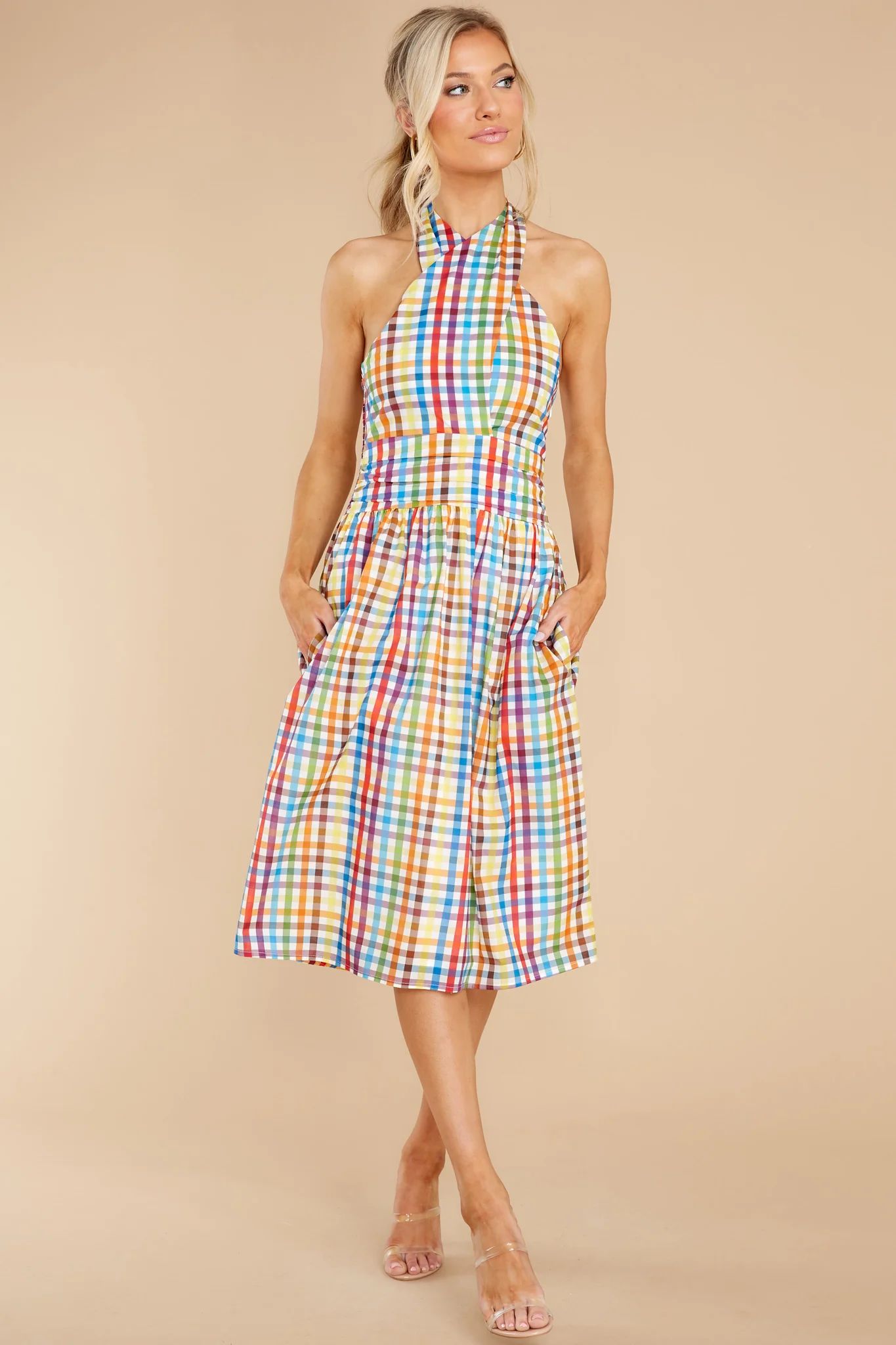 Courtland Rainbow Check Crossover Dress Yellow | Red Dress 