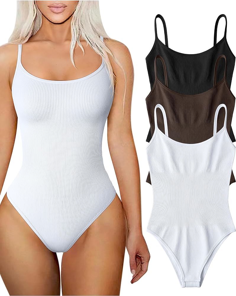 TOB Women's 3 Piece Bodysuits Sexy Ribbed Adjustable Spaghetti Strips Sleeveless Tops Shapewear B... | Amazon (US)