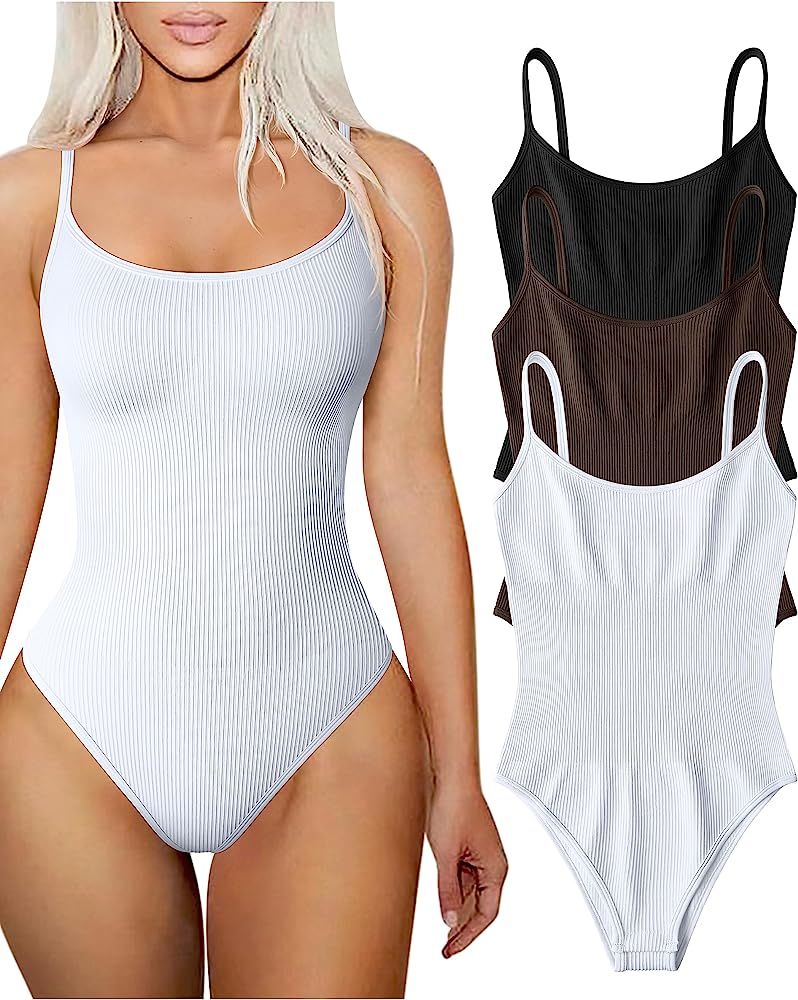 TOB Women's 3 Piece Bodysuits Sexy Ribbed Adjustable Spaghetti Strips Sleeveless Tops Shapewear B... | Amazon (US)