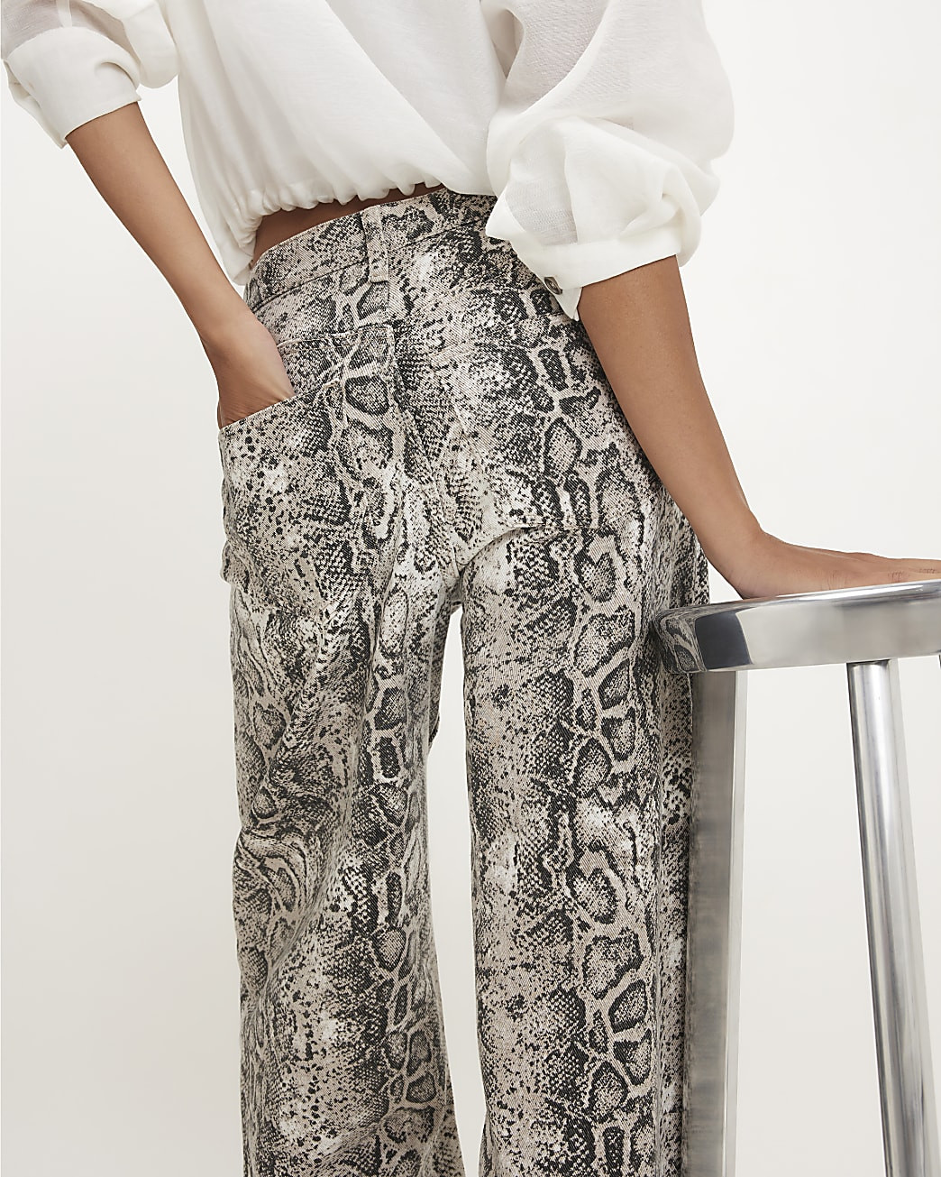 Grey Snake Print Barrel Leg Jeans | River Island UK & IE