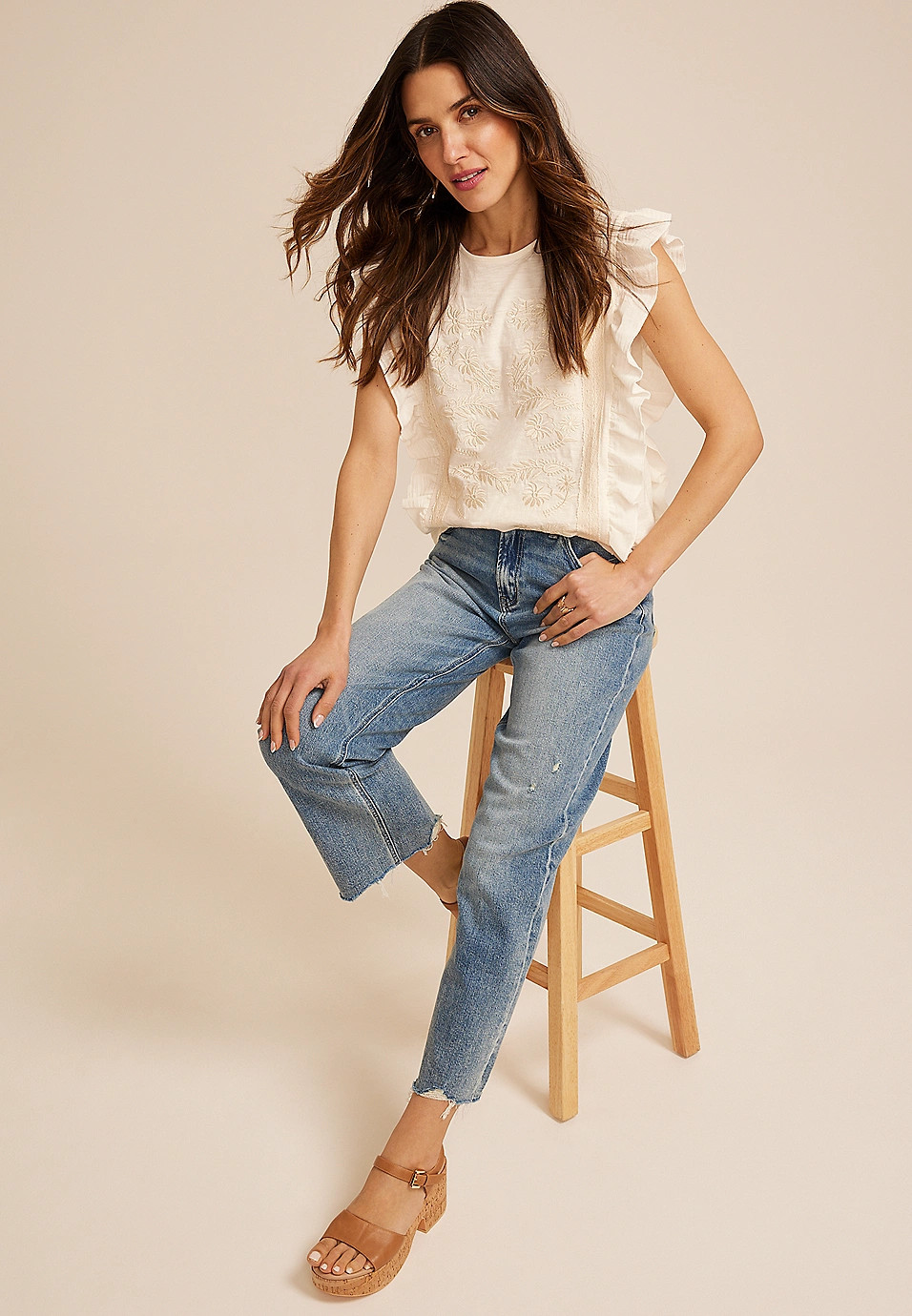 Embroidered Ruffle Trim Top | Maurices