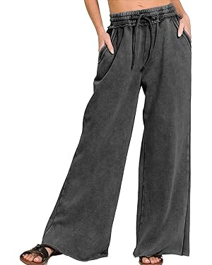 Ainangua Women Acid Wash Palazzo Sweatpants Casual High Waist Drawstring Wide Leg Pants Baggy Fle... | Amazon (US)