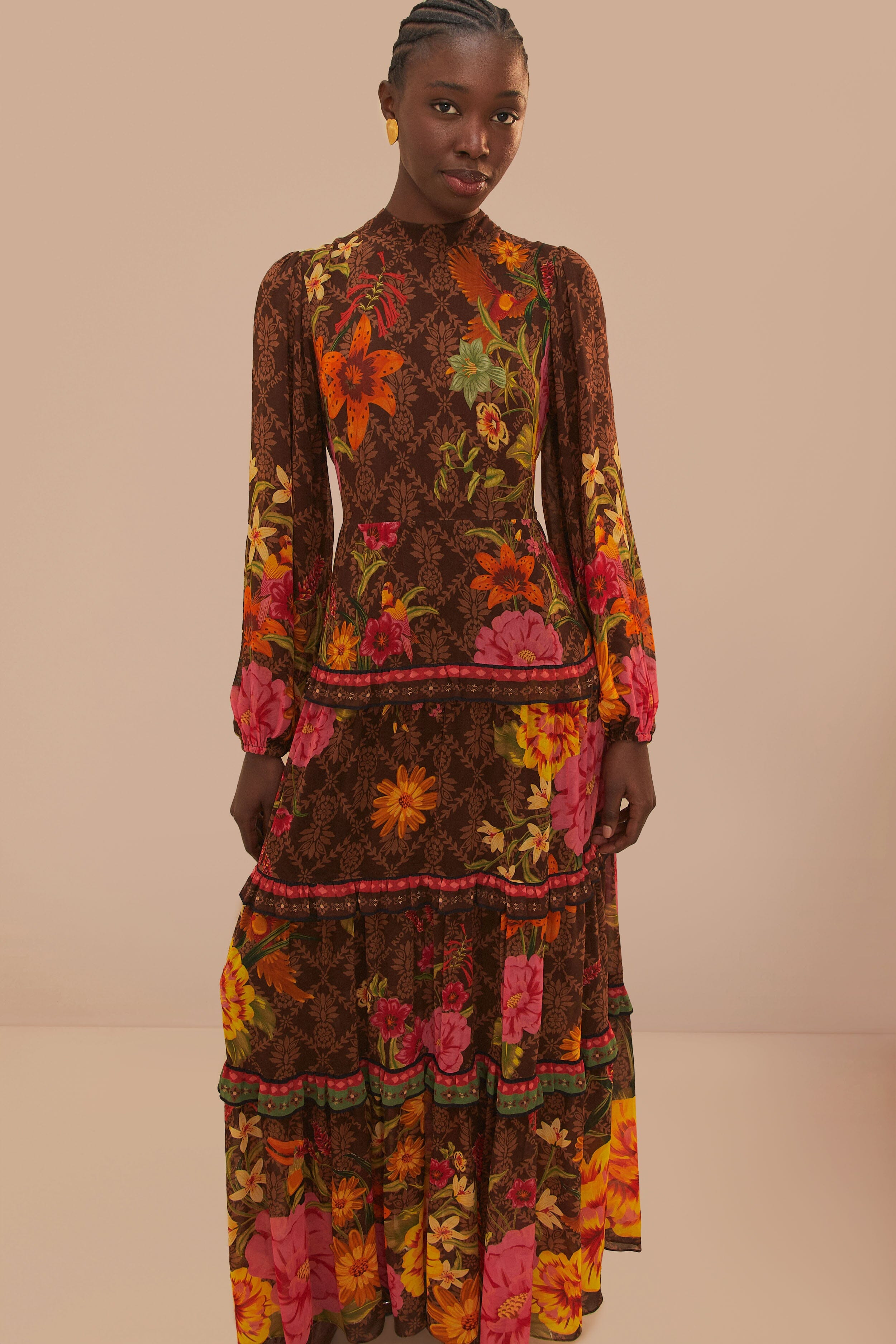 Brown Charming Garden Long Sleeve Maxi Dress | FarmRio (US)