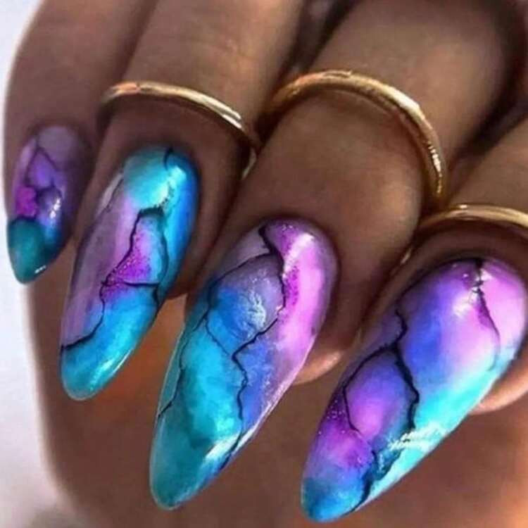 NEW Press On Nails Medium Almond Blue Crack Fake Nails Colorful Glitter With Rhinestones Black Swirl Acrylic Nails Press Ons Full Cover Stick Glue On Nails For Women 24 Pcs | SHEIN