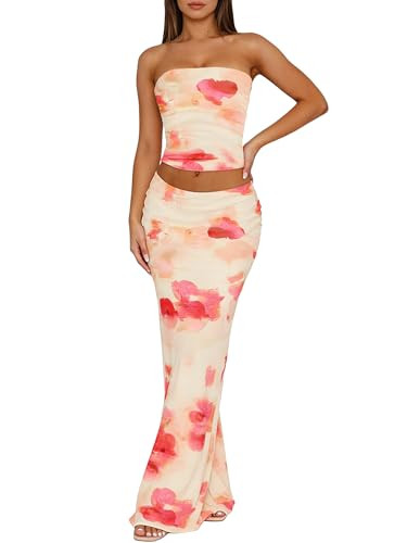 Two Piece Skirt Set Summer Floral StraplessTube Tops for Women Bodycon Maxi Skirts Y2k Vacation Beach Going Out | Amazon (US)