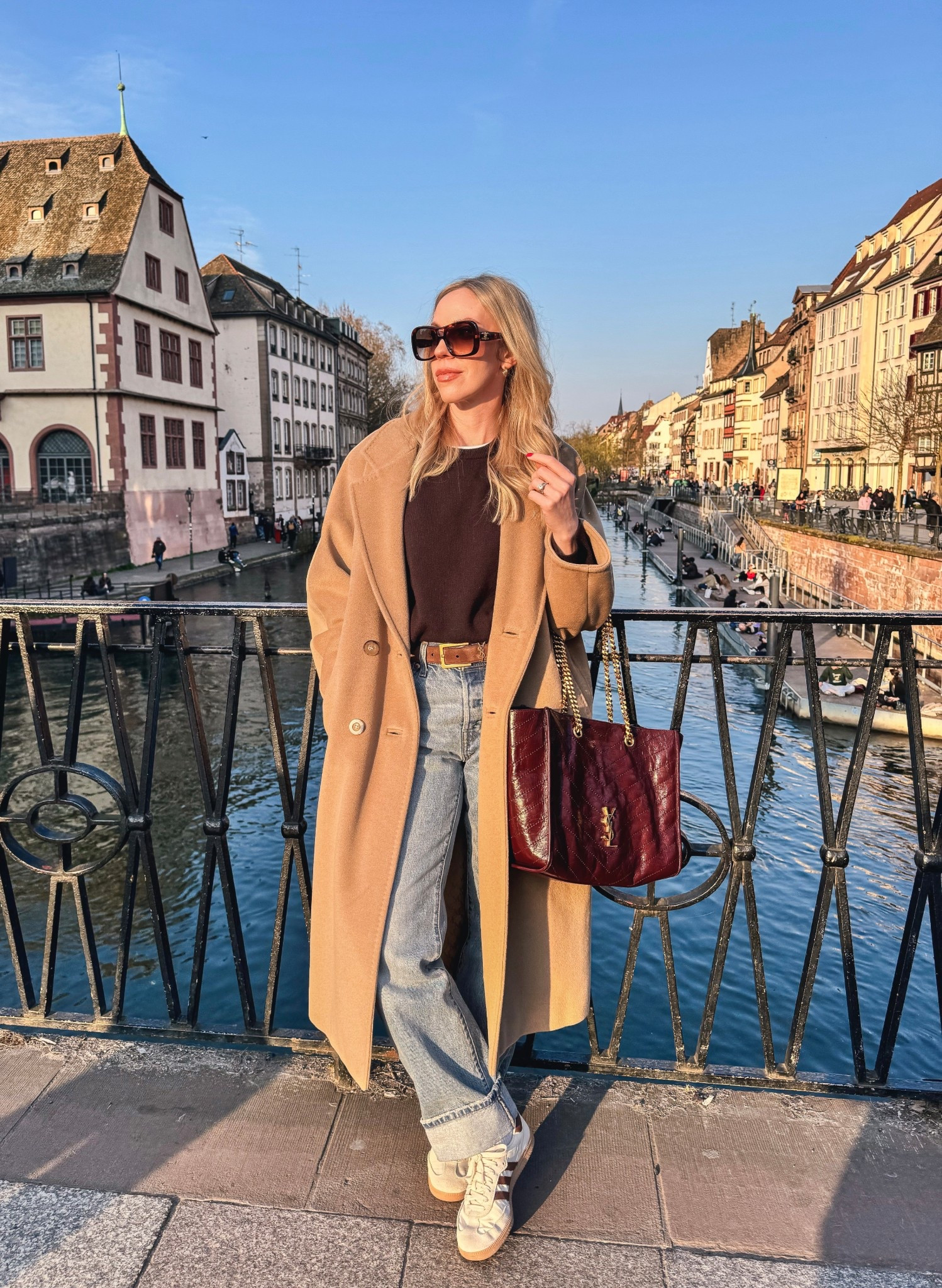 Spring casual outfit, travel look, camel coat, Levi’s baggy 90’s jeans, Adidas Samba sneakers, burgundy YSL tote 

#LTKOver40 #LTKTravel #LTKSeasonal