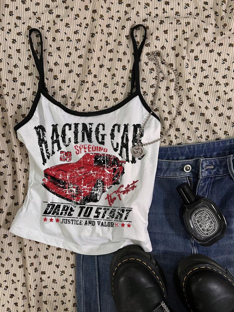 Attitoon Women's Casual Sexy Vintage Car & English Text Print Camisole Tank Top, Black-White Patchwork, Suitable For Summer Back To School | SHEIN