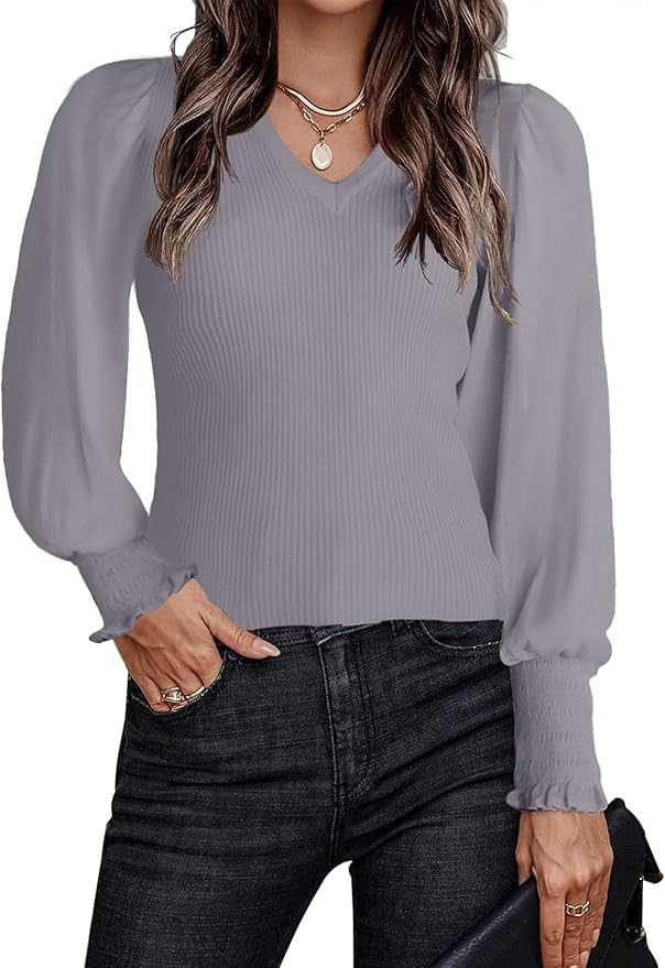 Women's Long Puff Sleeve V Neck Ribbed Knit Pullover Sweater Solid Color Fall Slim Fit Jumper Top... | Amazon (US)