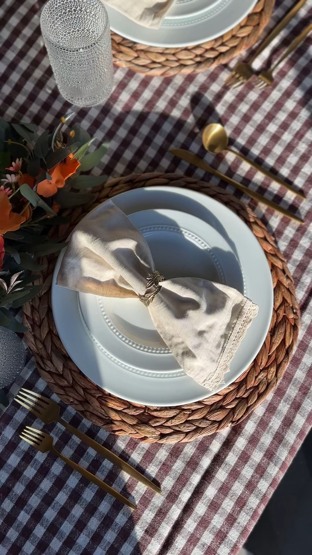 Thanksgiving tablescape 

Thanksgiving table setting, Holiday table, burgundy gingham tablecloth, McGee and co gingham tablecloth, fall table centerpiece, jute charger, hobnail glasses, colored wine glasses, target white plates, gold silverware, linen napkins, brass botanical napkins holder, simple table set up 

#LTKHome #LTKSeasonal #LTKHoliday
