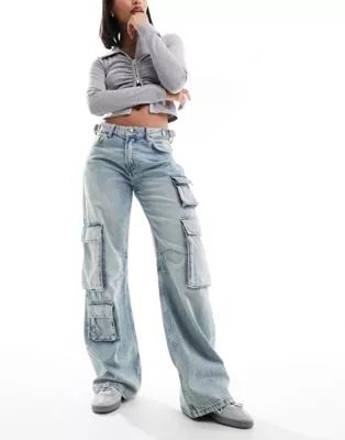 Bershka wide leg cargo jeans in light wash blue | ASOS | ASOS (Global)