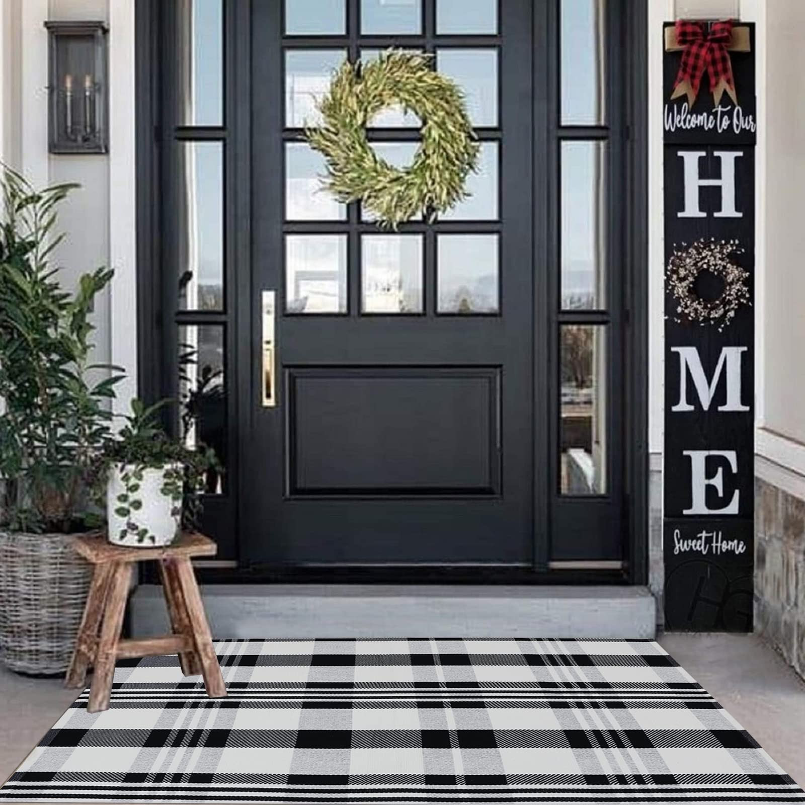 CAINANEL Buffalo Plaid Outdoor Rug Black and White Check Rug 35.4'' x 59'' Cotton Hand-Woven Chec... | Amazon (US)