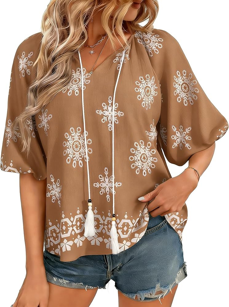 Summer Boho Tops for Women Short Sleeve V Neck Tassel Tie Front Blouse Floral Tunic Beach Vacatio... | Amazon (US)