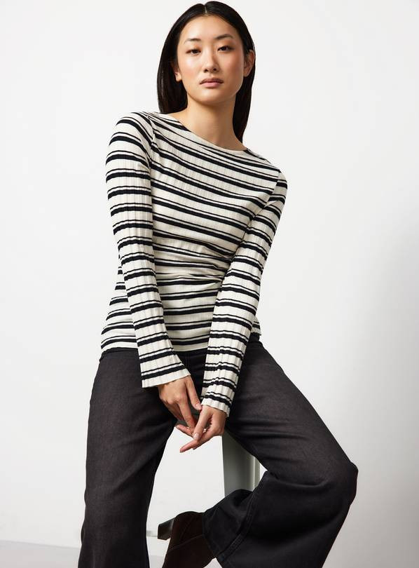 Mono Stripe Ribbed Fluted Sleeve Top 14 | Tu Clothing