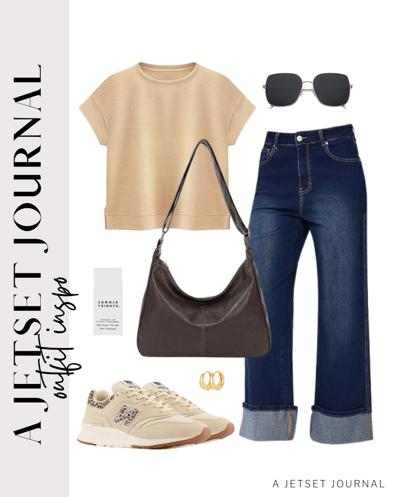 You can also pair a beige short-sleeved top with these cuffed jeans. For this fit, you can use these New Balance sneakers and a leather shoulder bag. Complete the look with SOJOS sunnies and Summer Fridays Sheer Skin Tint.

#LTKSeasonal #LTKSaleAlert #LTKTravel
 

 