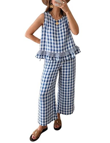 Hooever Women's Linen Checkered Two Piece Set Sleeveless Frill Top and Wide Leg Pants Co Ord Outf... | Amazon (US)