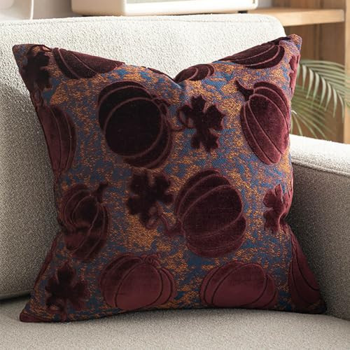 vctops Fall Decorative Throw Pillow Cover Soft Velvet Autumn Harvest Pumpkin Cushion Cover Farmhouse Square Accent Pillowcase for Sofa Bedroom Halloween Thanksgiving Home Decor (Burgundy,18"x18") | Amazon (US)