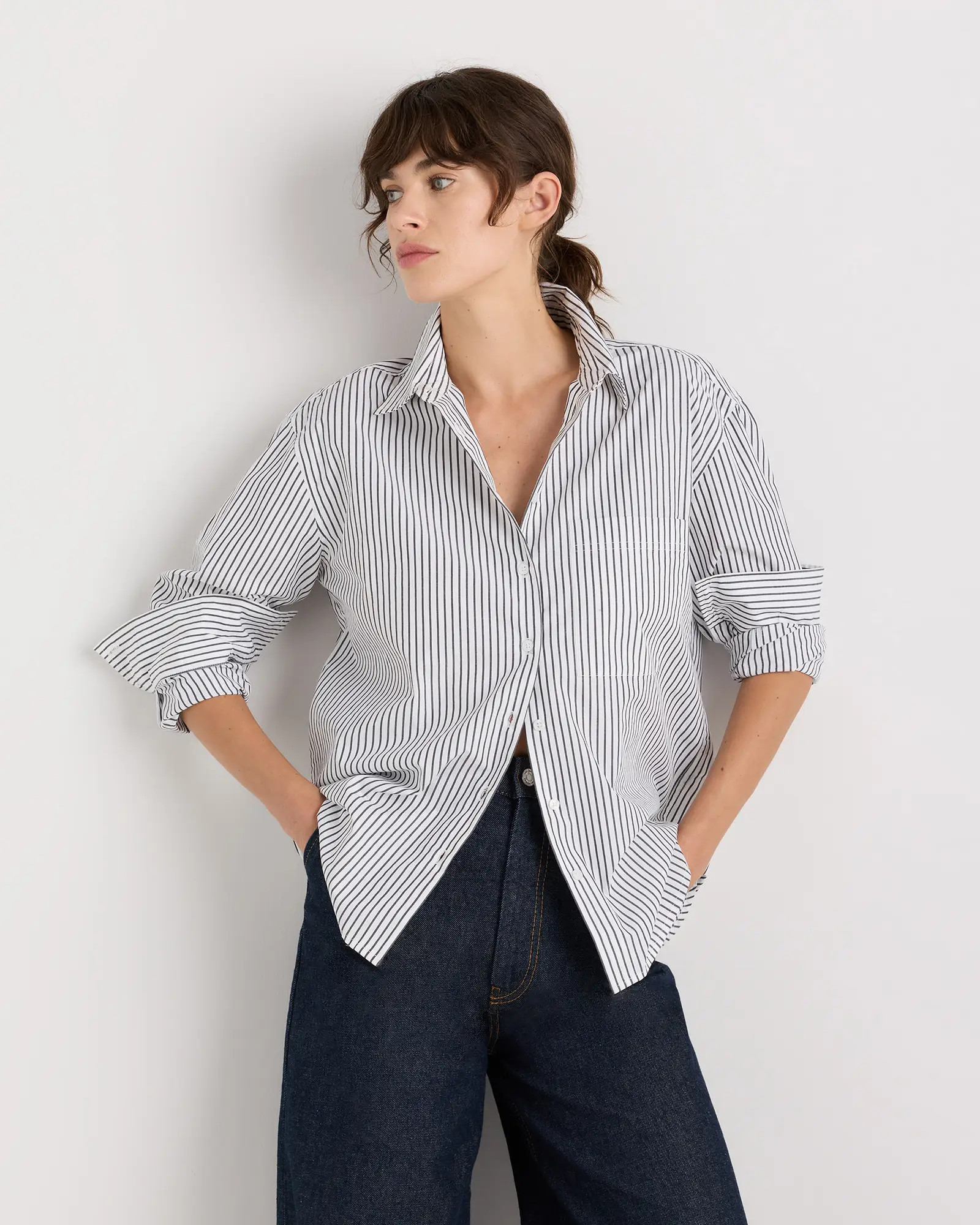 100% Organic Cotton Poplin Long Sleeve Boyfriend Shirt in Steel Grey Soho Stripe | Quince
