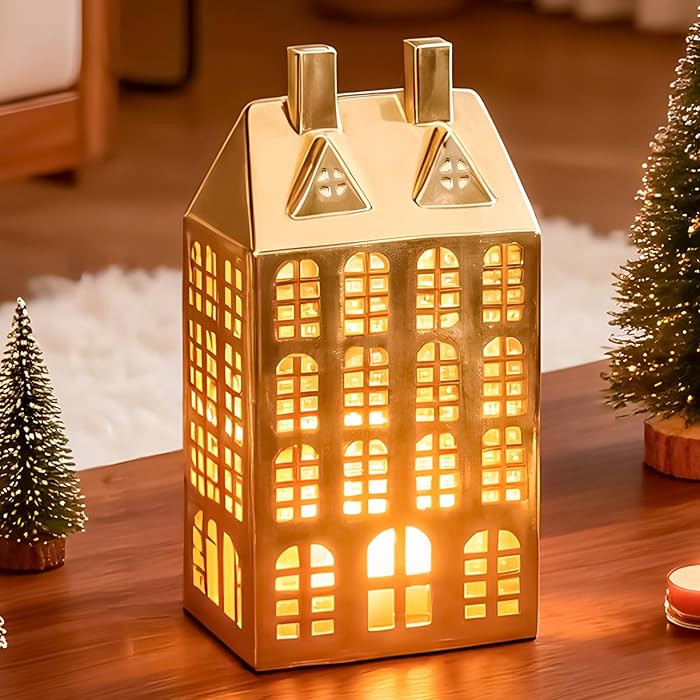 DN DECONATION Christmas Village House Decorations Lighted, Gold Ceramic House Decor, Christmas To... | Amazon (US)