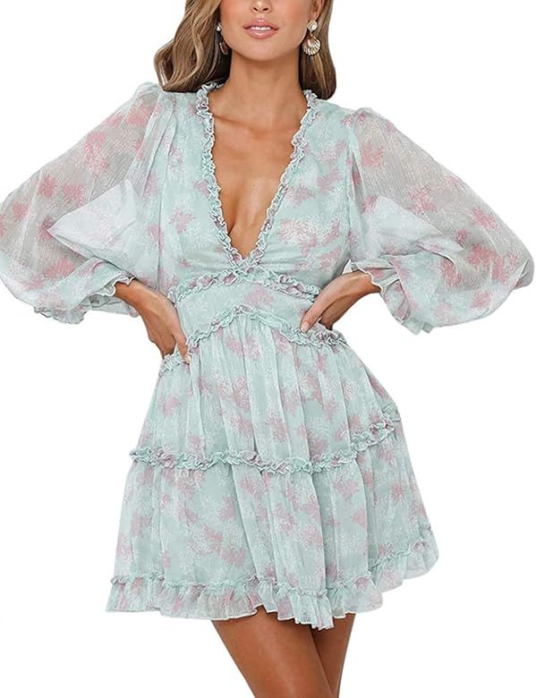 Yidarton Women's Summer Dress V-Neck Floral Print Mini Dress Ruffled Long Sleeve Backless Bohemia... | Amazon (UK)