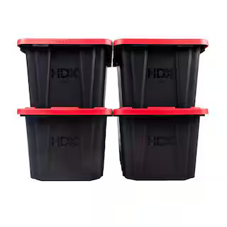 27 Gal. Tough Storage Tote in Black with Red Lid (4-Pack) | The Home Depot