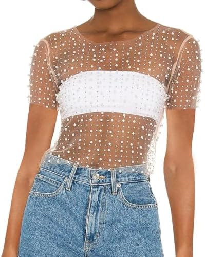 Women Pearl Rhinestone Sheer Mesh Crop Tee Top Sexy See Through Short Sleeve Slim Fit Crop T-Shir... | Amazon (US)