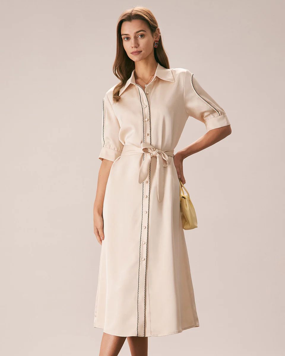 The Beige Contrast Scalloped Shirt Midi Dress & Reviews - Beige - Dresses | RIHOAS | rihoas.com