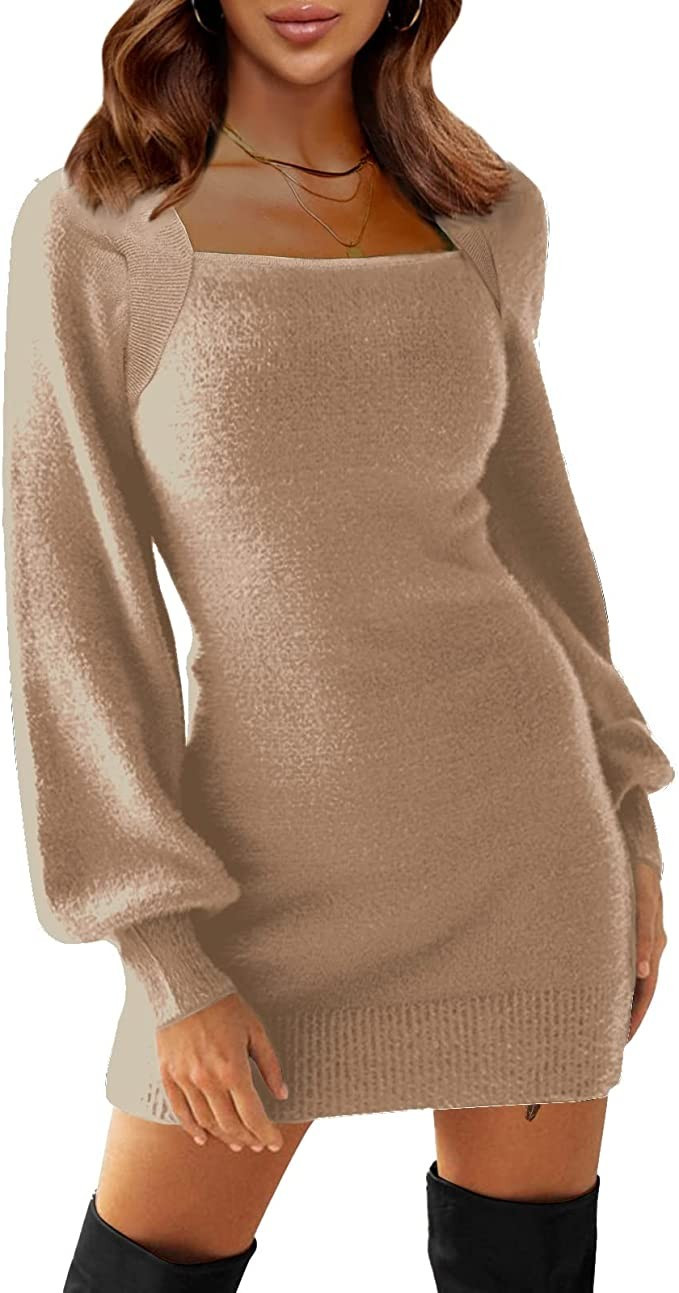 EXLURA Women's Tie Back Bodycon Sweater Dress Ribbed Knit Backless Square Neck Long Lantern Sleev... | Amazon (US)
