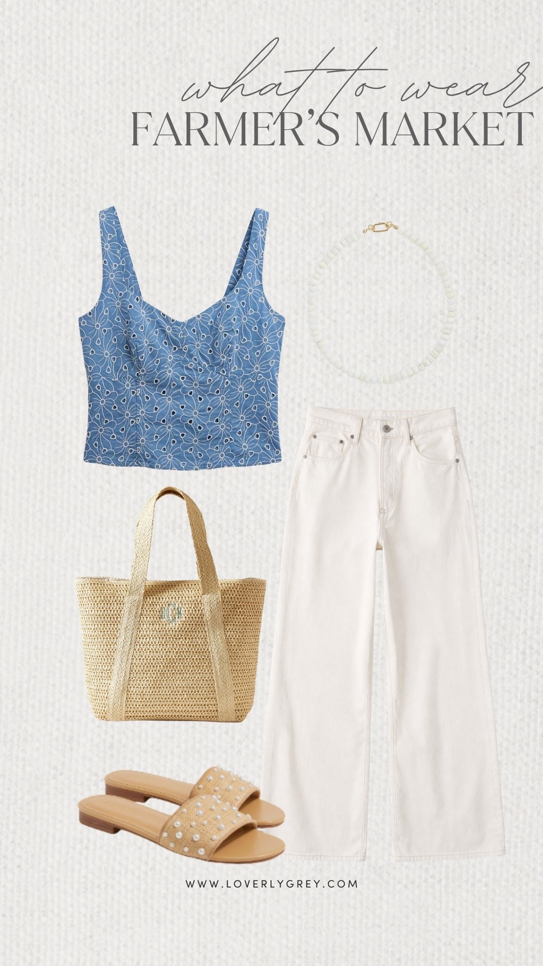 Loverly Grey, what to wear to the farmer’s market! This blue eyelet top paired with white denim is such a cute combo for a morning out! Add a beaded necklace, woven tote, and simple slides to complete the look! Loverly Grey, what to wear, farmer’s market

#LTKgrwm #LTKootd #LTKdayinmylife