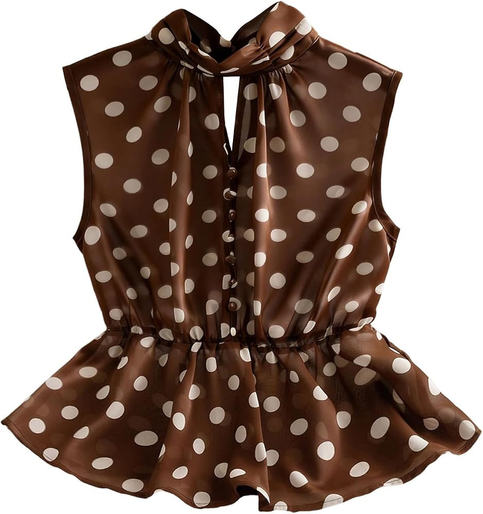 MakeMeChic Women's Polka Dots Blouse Mesh Turtleneck Ruffle Button Sleeveless Business Work Tops | Amazon (US)